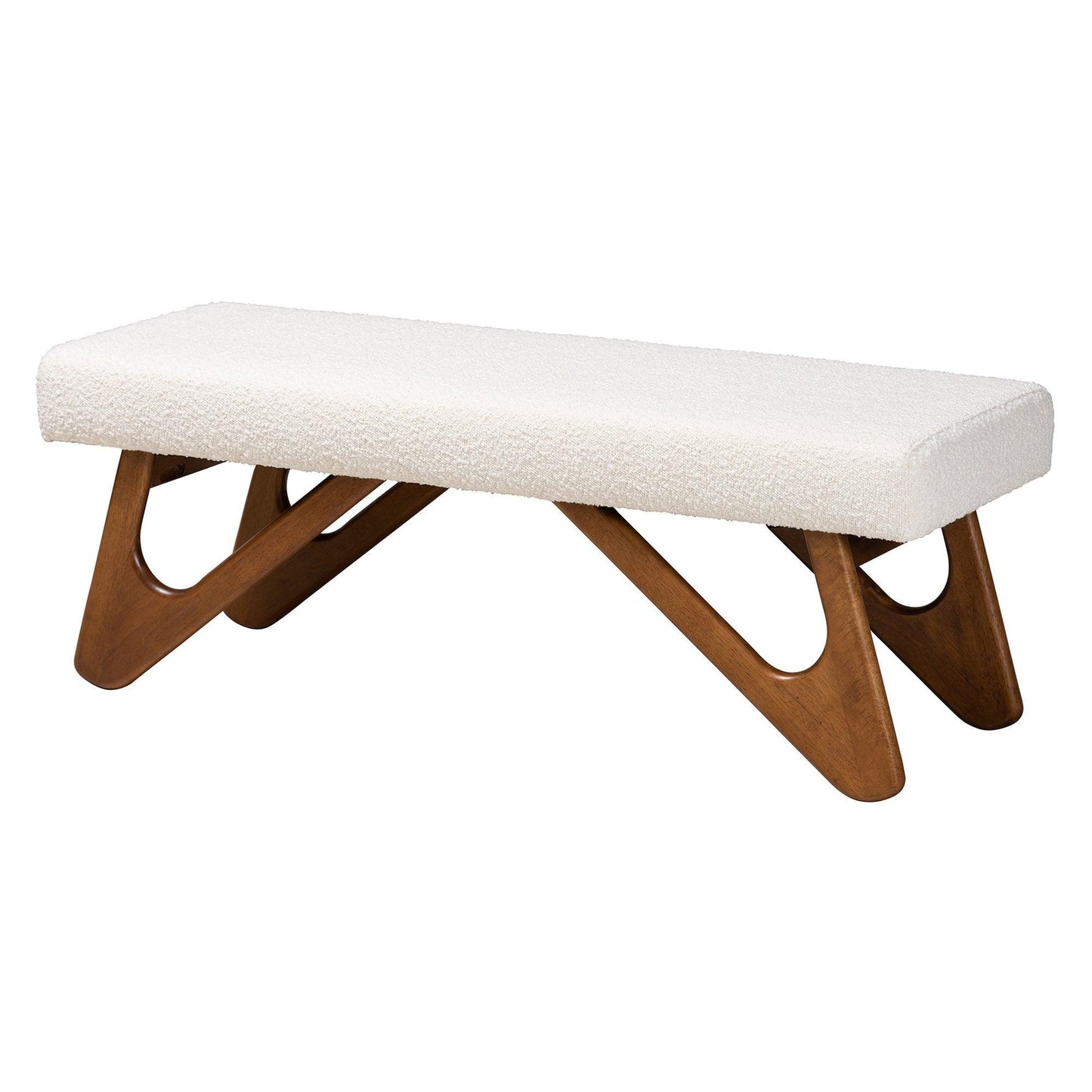 Rika Japandi Cream Boucle Fabric and Walnut Brown Finished Wood Bench FredCo