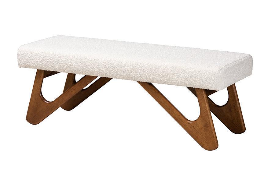 Rika Japandi Cream Boucle Fabric and Walnut Brown Finished Wood Bench FredCo