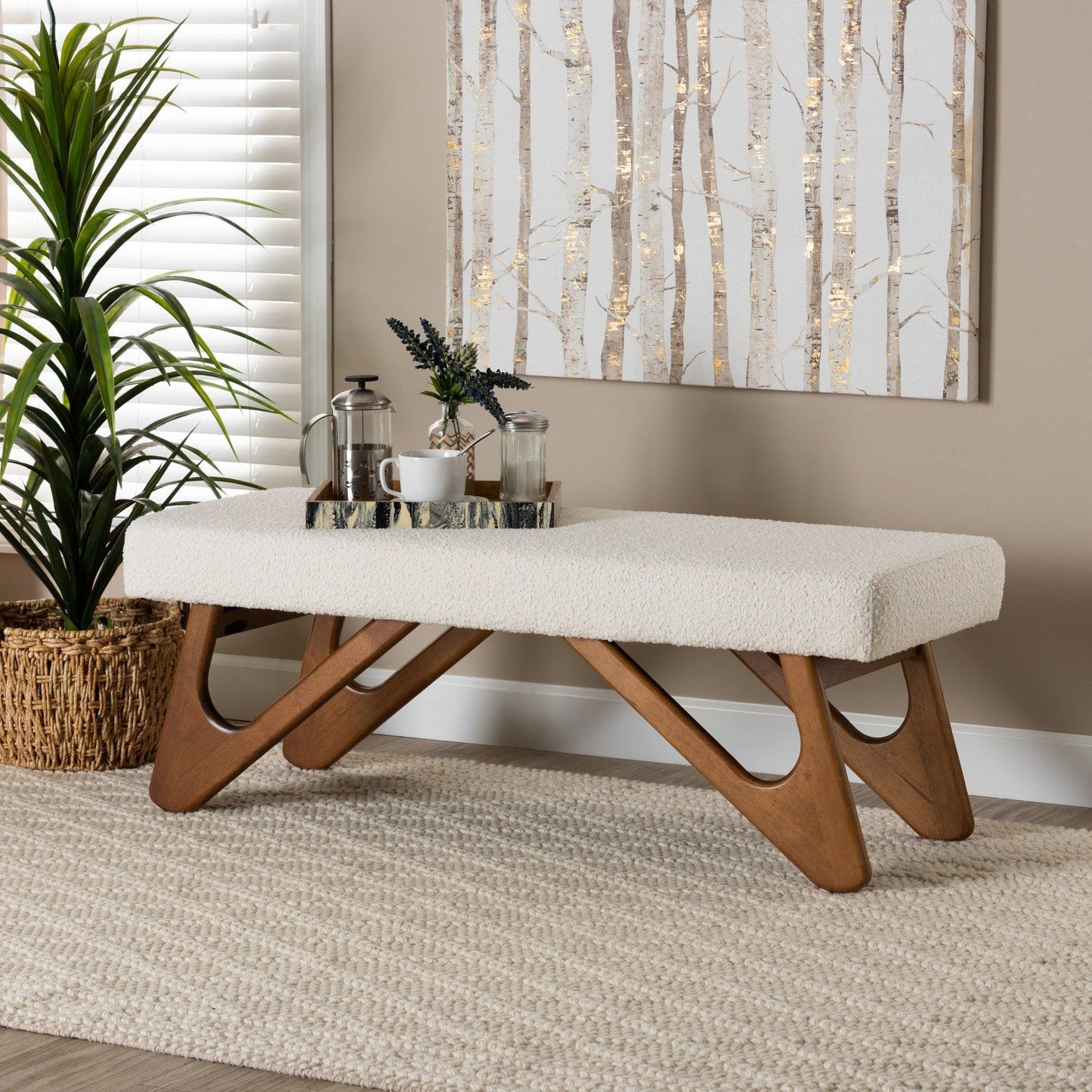 Rika Japandi Cream Boucle Fabric and Walnut Brown Finished Wood Bench FredCo