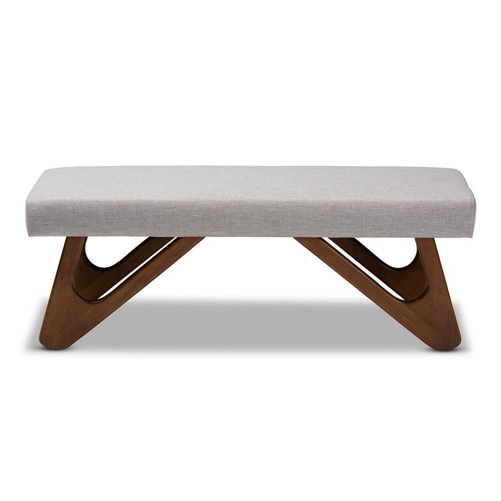 Rika Mid-Century Modern Greyish Beige Fabric Upholstered Walnut Brown Finished Boomerang Bench FredCo