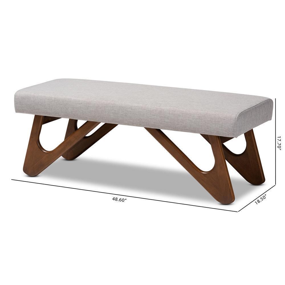 Rika Mid-Century Modern Greyish Beige Fabric Upholstered Walnut Brown Finished Boomerang Bench FredCo
