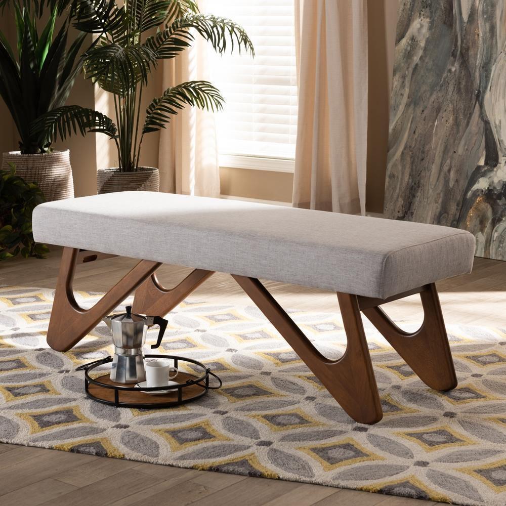 Rika Mid-Century Modern Greyish Beige Fabric Upholstered Walnut Brown Finished Boomerang Bench FredCo