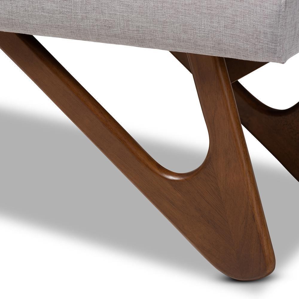 Rika Mid-Century Modern Greyish Beige Fabric Upholstered Walnut Brown Finished Boomerang Bench FredCo