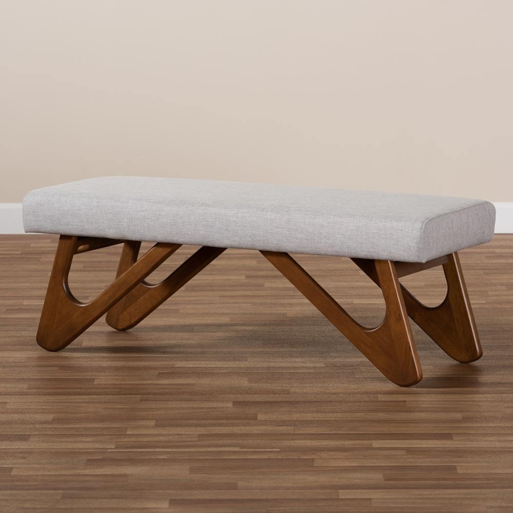Rika Mid-Century Modern Greyish Beige Fabric Upholstered Walnut Brown Finished Boomerang Bench FredCo