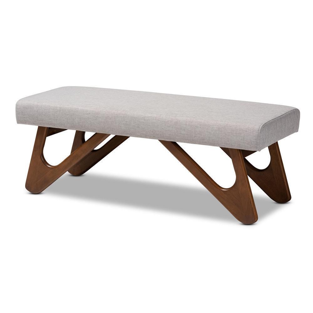 Rika Mid-Century Modern Greyish Beige Fabric Upholstered Walnut Brown Finished Boomerang Bench FredCo