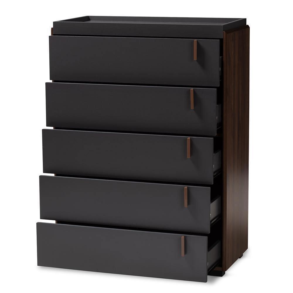 Rikke Modern and Contemporary Two-Tone Gray and Walnut Finished Wood 5-Drawer Chest FredCo