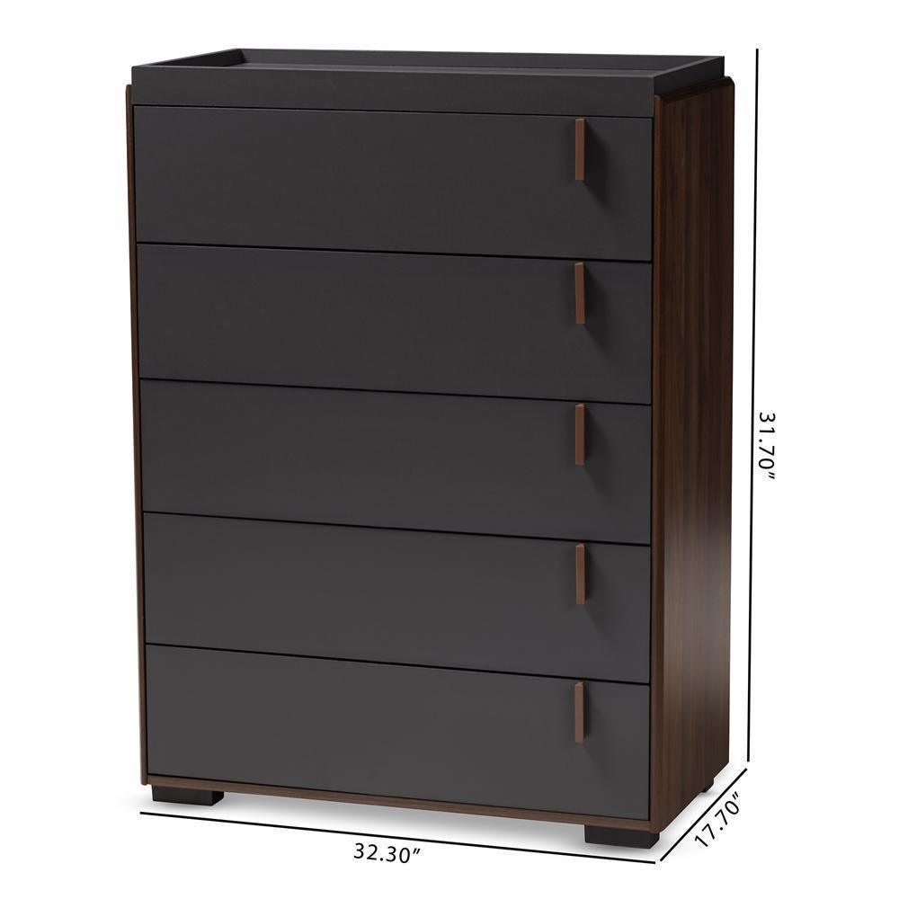 Rikke Modern and Contemporary Two-Tone Gray and Walnut Finished Wood 5-Drawer Chest FredCo
