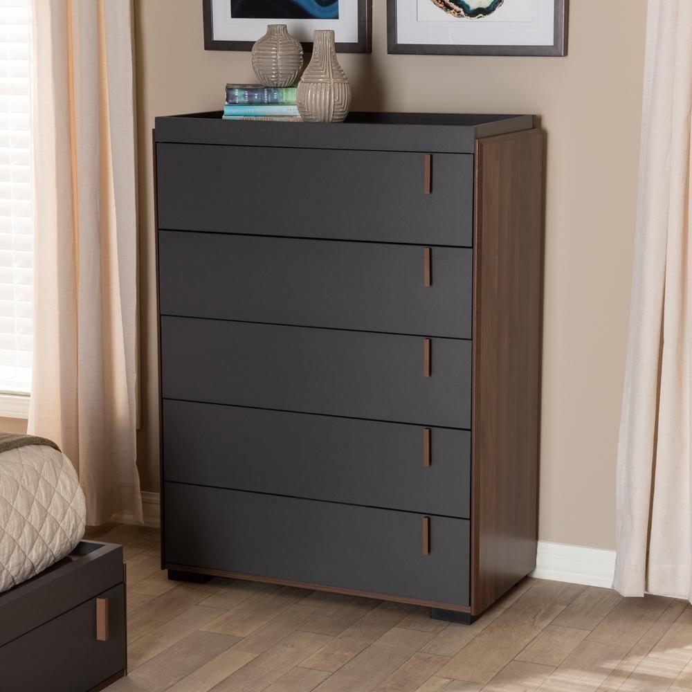 Rikke Modern and Contemporary Two-Tone Gray and Walnut Finished Wood 5-Drawer Chest FredCo