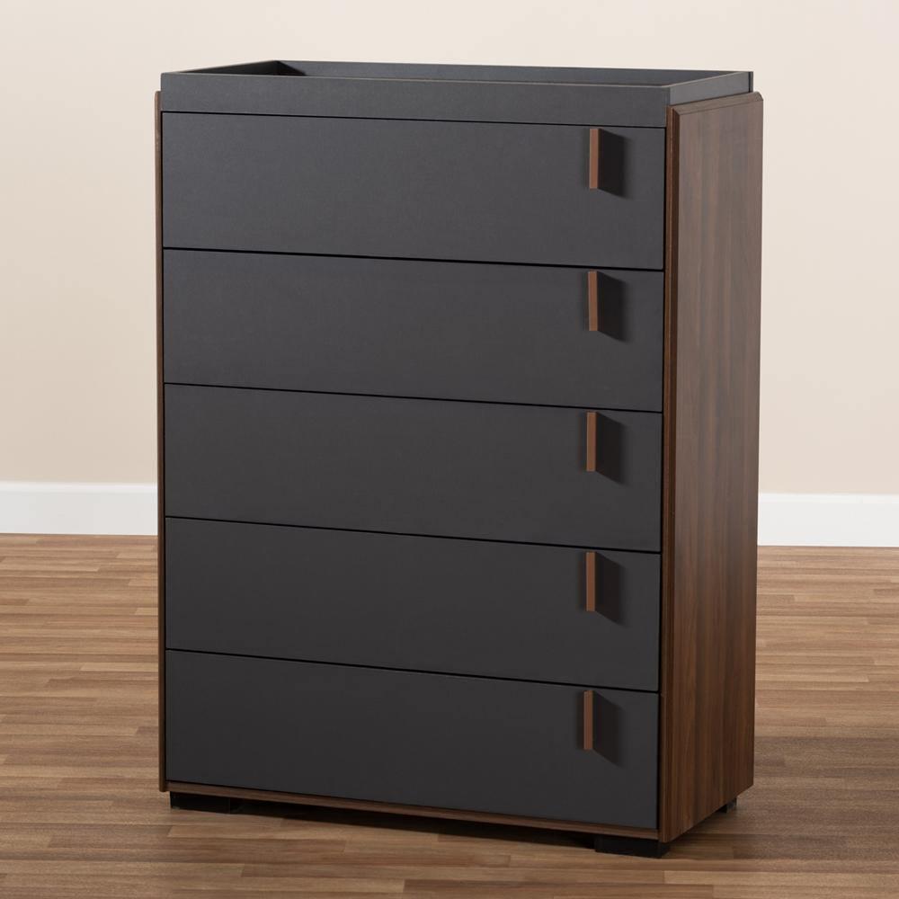 Rikke Modern and Contemporary Two-Tone Gray and Walnut Finished Wood 5-Drawer Chest FredCo