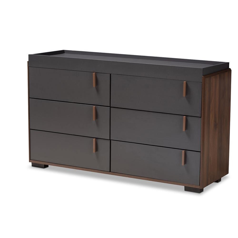 Rikke Modern and Contemporary Two-Tone Gray and Walnut Finished Wood 6-Drawer Dresser FredCo