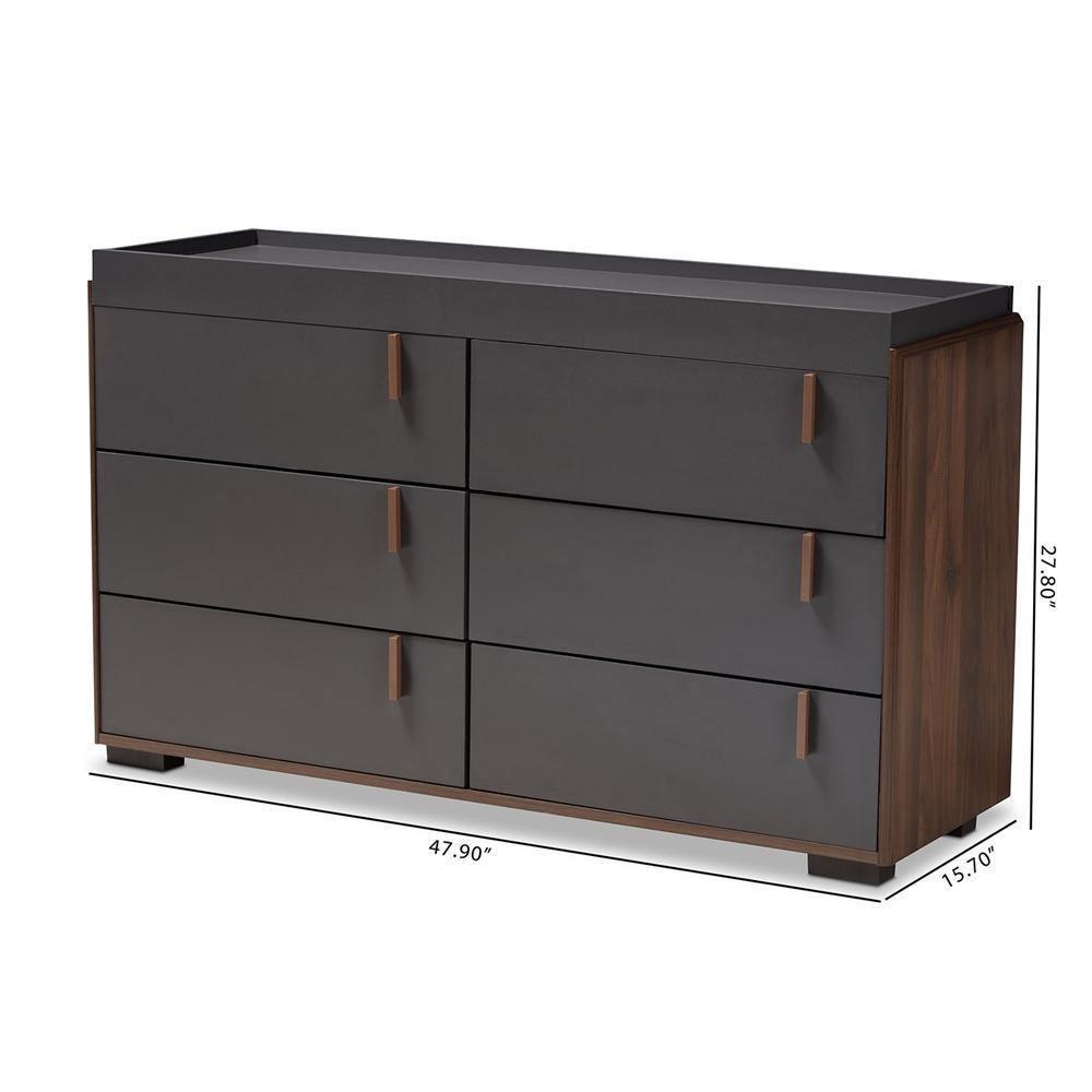 Rikke Modern and Contemporary Two-Tone Gray and Walnut Finished Wood 6-Drawer Dresser FredCo