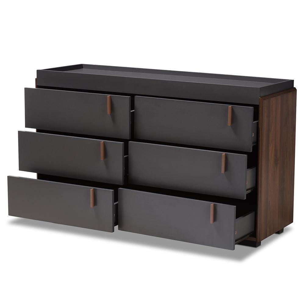 Rikke Modern and Contemporary Two-Tone Gray and Walnut Finished Wood 6-Drawer Dresser FredCo
