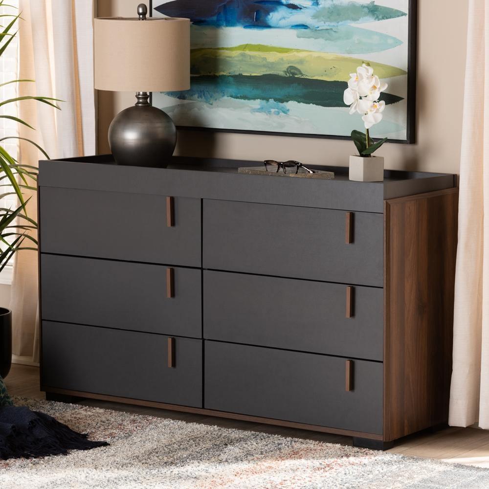 Rikke Modern and Contemporary Two-Tone Gray and Walnut Finished Wood 6-Drawer Dresser FredCo