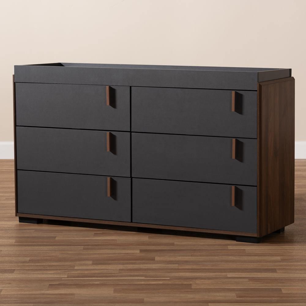 Rikke Modern and Contemporary Two-Tone Gray and Walnut Finished Wood 6-Drawer Dresser FredCo