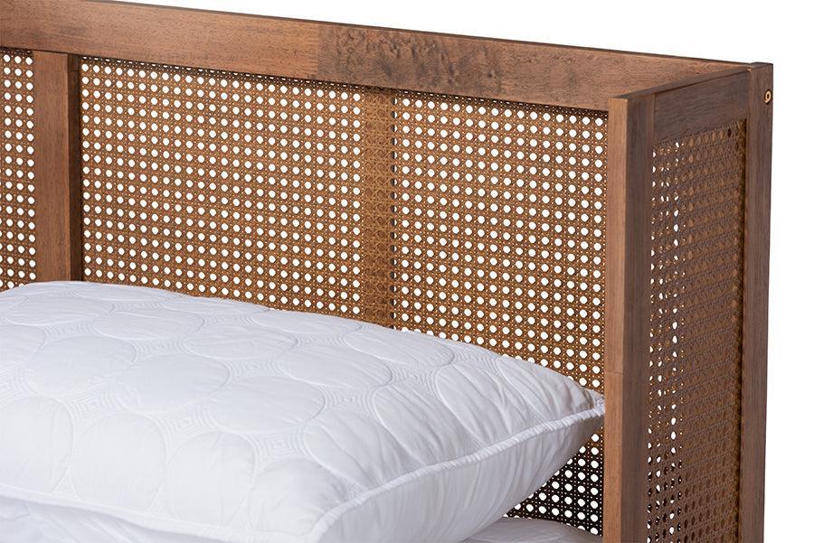 Rina Mid-Century Modern Ash Walnut Finished Wood 4-Piece King Size Bedroom Set with Synthetic Rattan FredCo