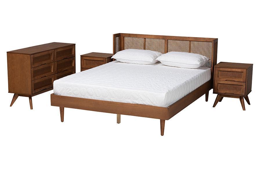 Rina Mid-Century Modern Ash Walnut Finished Wood 4-Piece King Size Bedroom Set with Synthetic Rattan FredCo