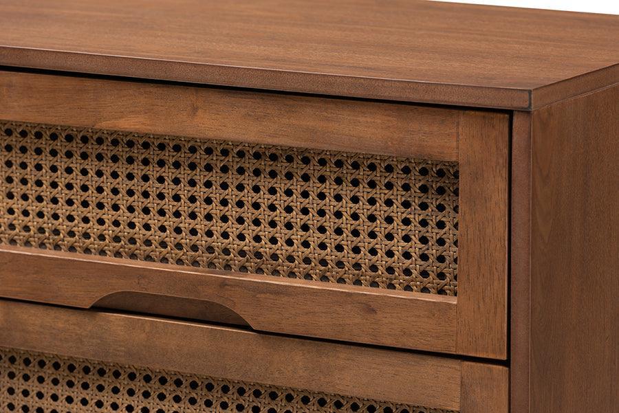 Rina Mid-Century Modern Ash Walnut Finished Wood 4-Piece King Size Bedroom Set with Synthetic Rattan FredCo
