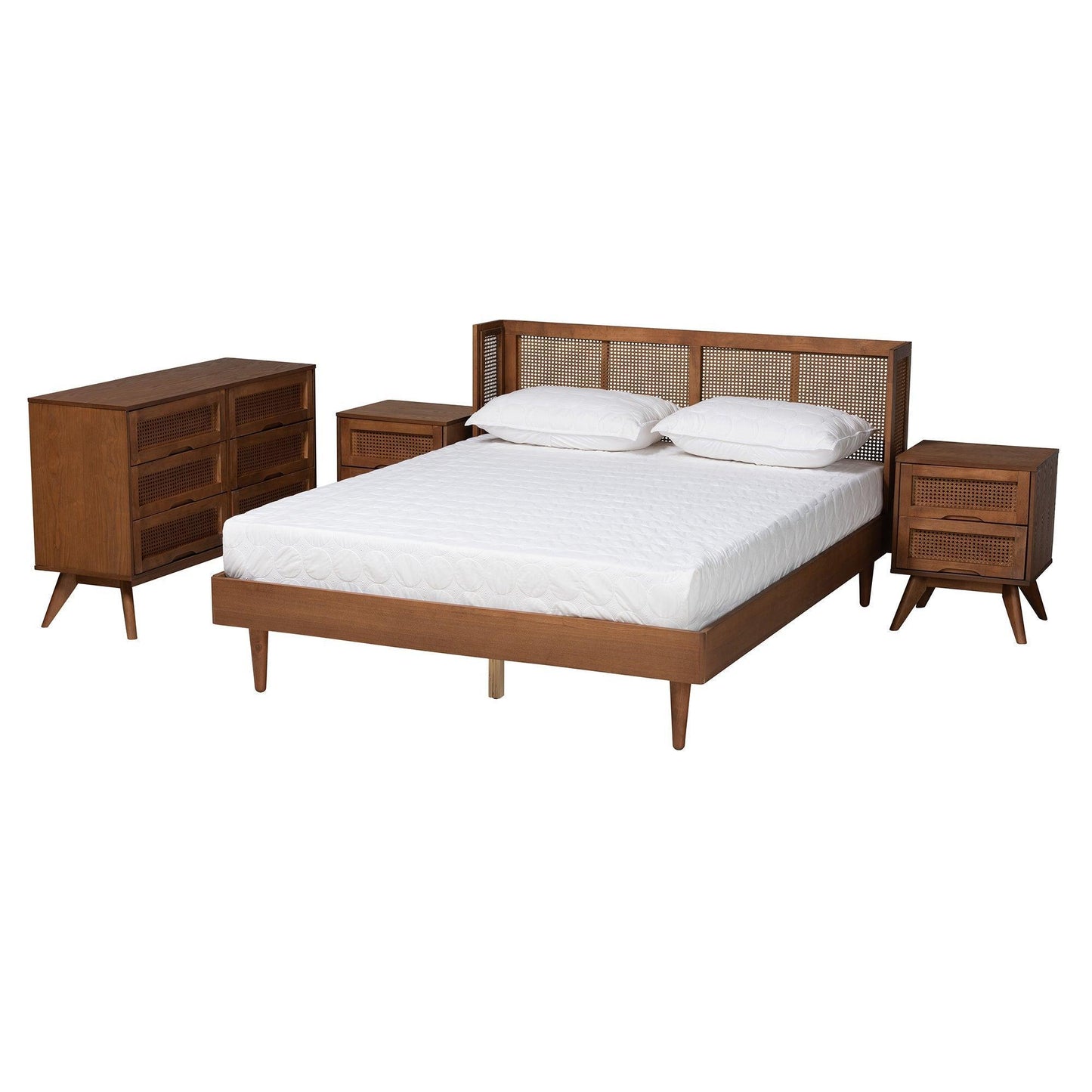 Rina Mid-Century Modern Ash Walnut Finished Wood 4-Piece King Size Bedroom Set with Synthetic Rattan FredCo