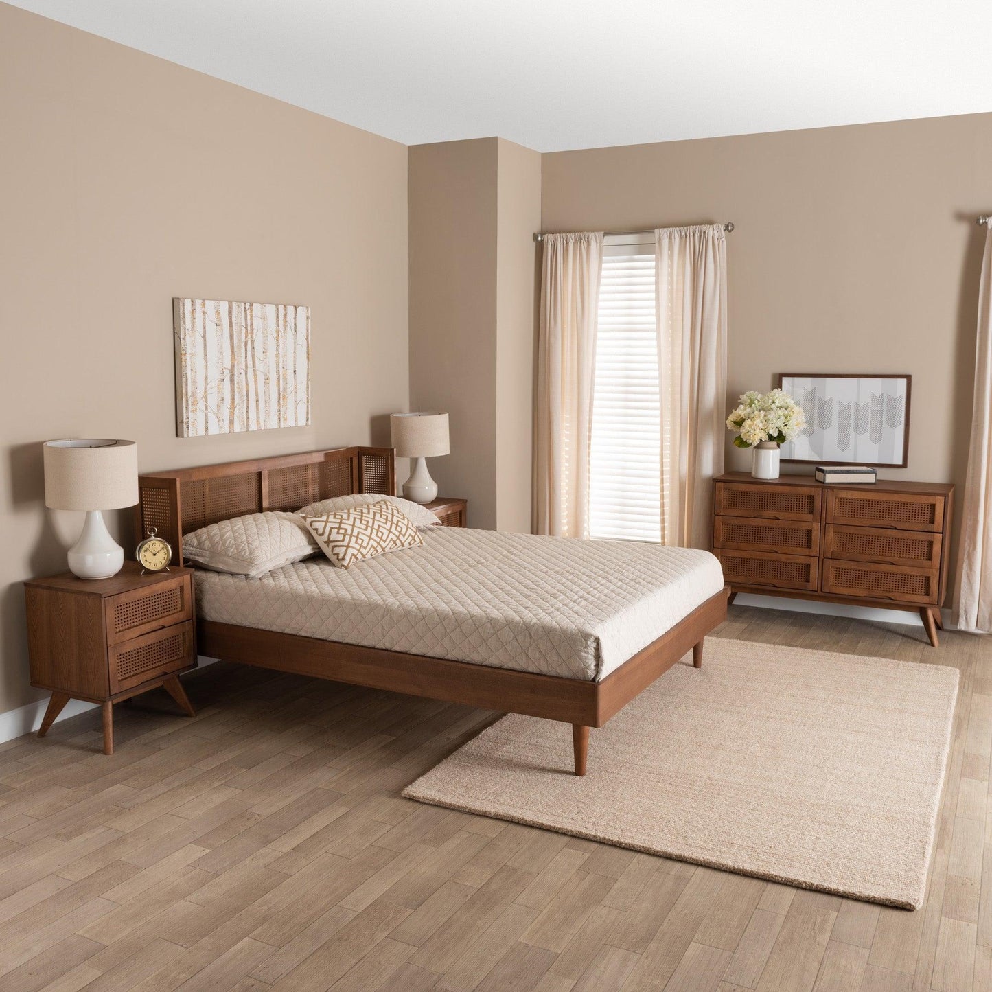 Rina Mid-Century Modern Ash Walnut Finished Wood 4-Piece Queen Size Bedroom Set with Synthetic Rattan FredCo