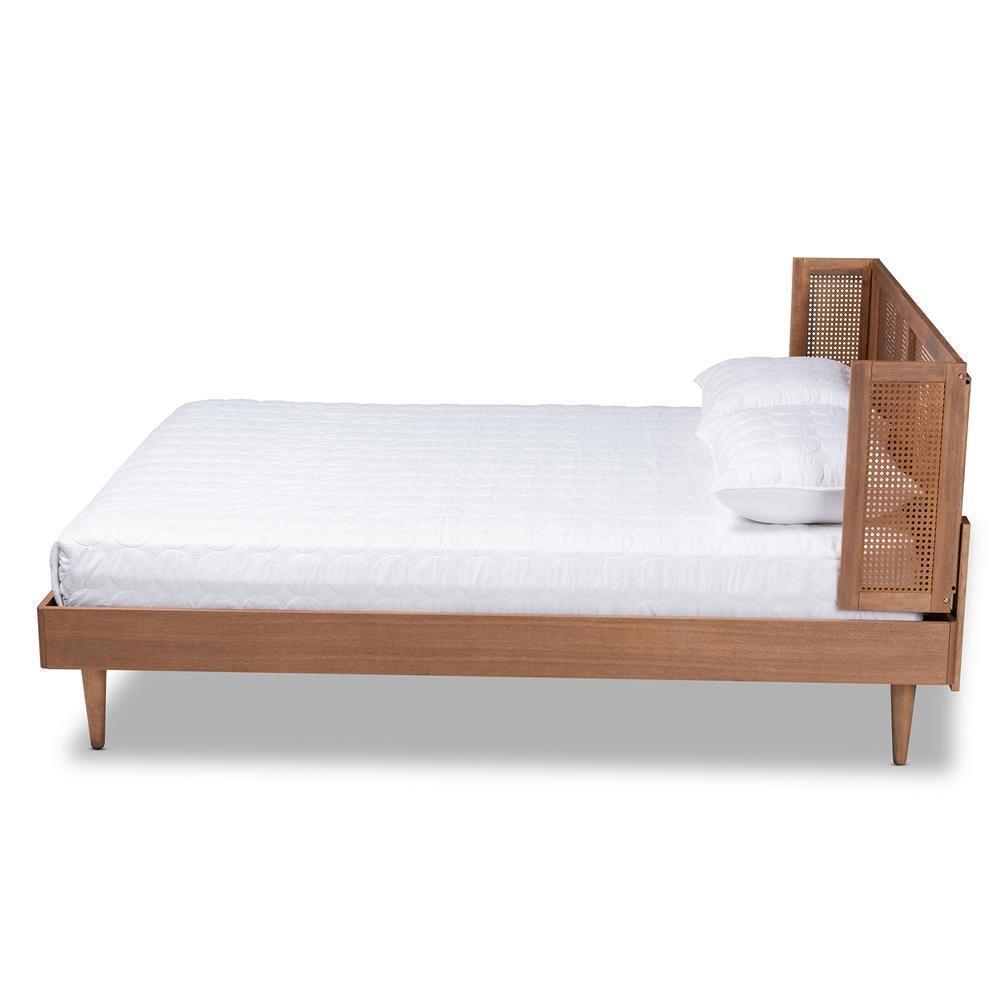 Rina Mid-Century Modern Ash Wanut Finished Wood and Synthetic Rattan Queen Size Platform Bed with Wrap-Around Headboard FredCo