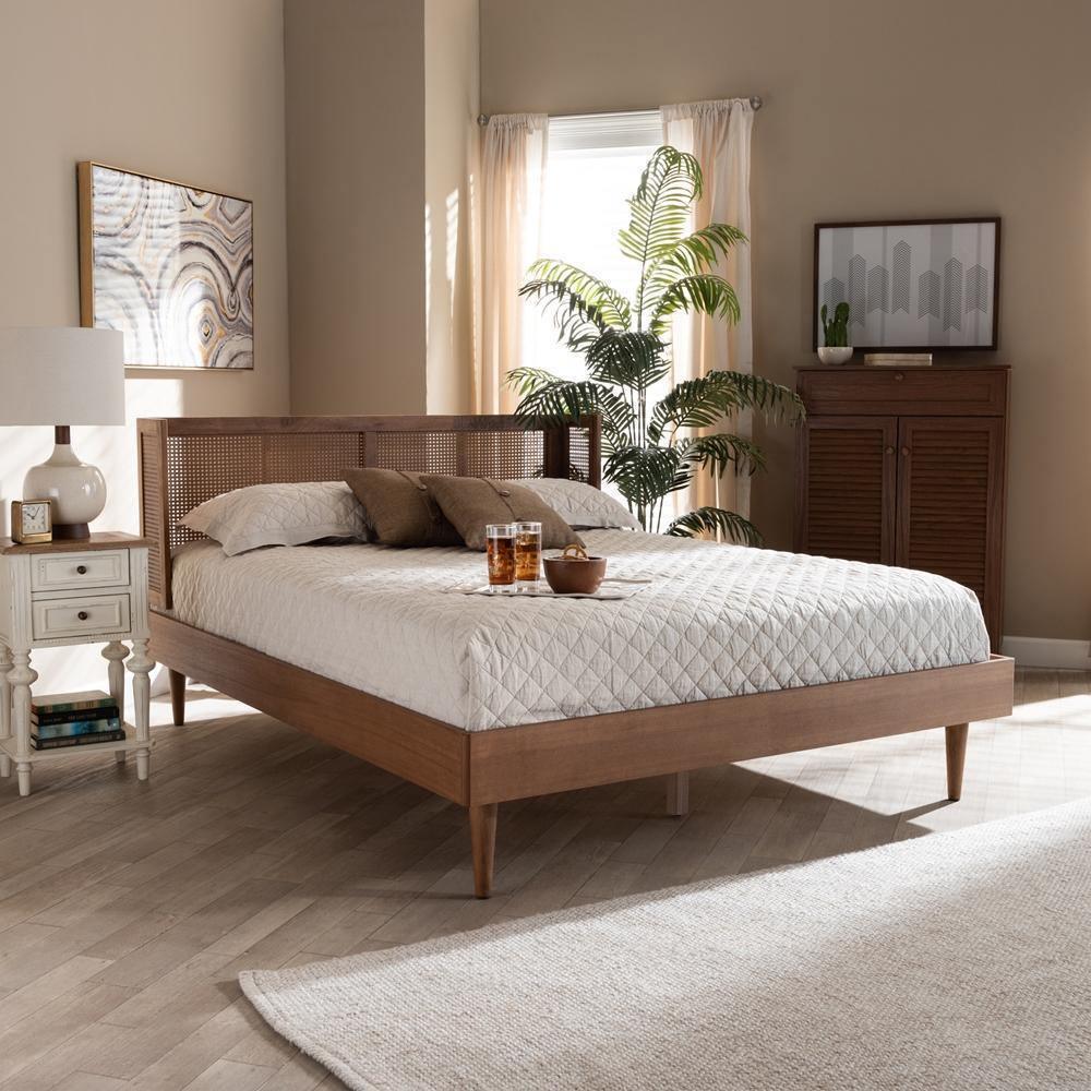 Rina Mid-Century Modern Ash Wanut Finished Wood and Synthetic Rattan Queen Size Platform Bed with Wrap-Around Headboard FredCo