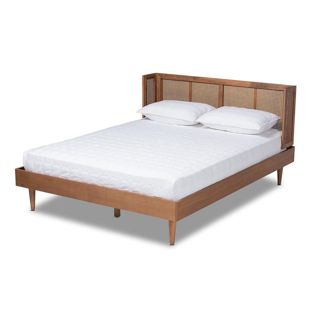 Rina Mid-Century Modern Ash Wanut Finished Wood and Synthetic Rattan Queen Size Platform Bed with Wrap-Around Headboard FredCo