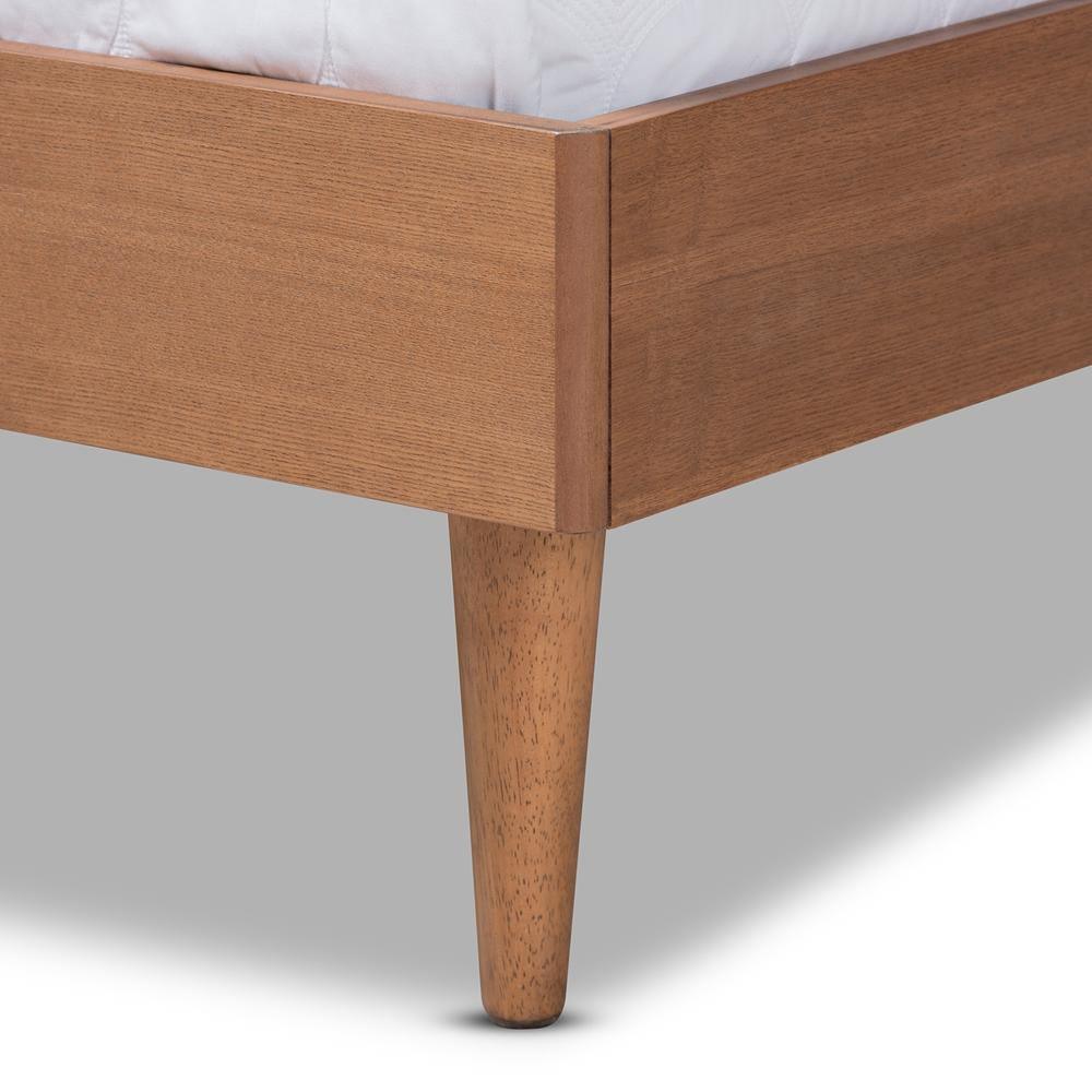 Rina Mid-Century Modern Ash Wanut Finished Wood and Synthetic Rattan Queen Size Platform Bed with Wrap-Around Headboard FredCo