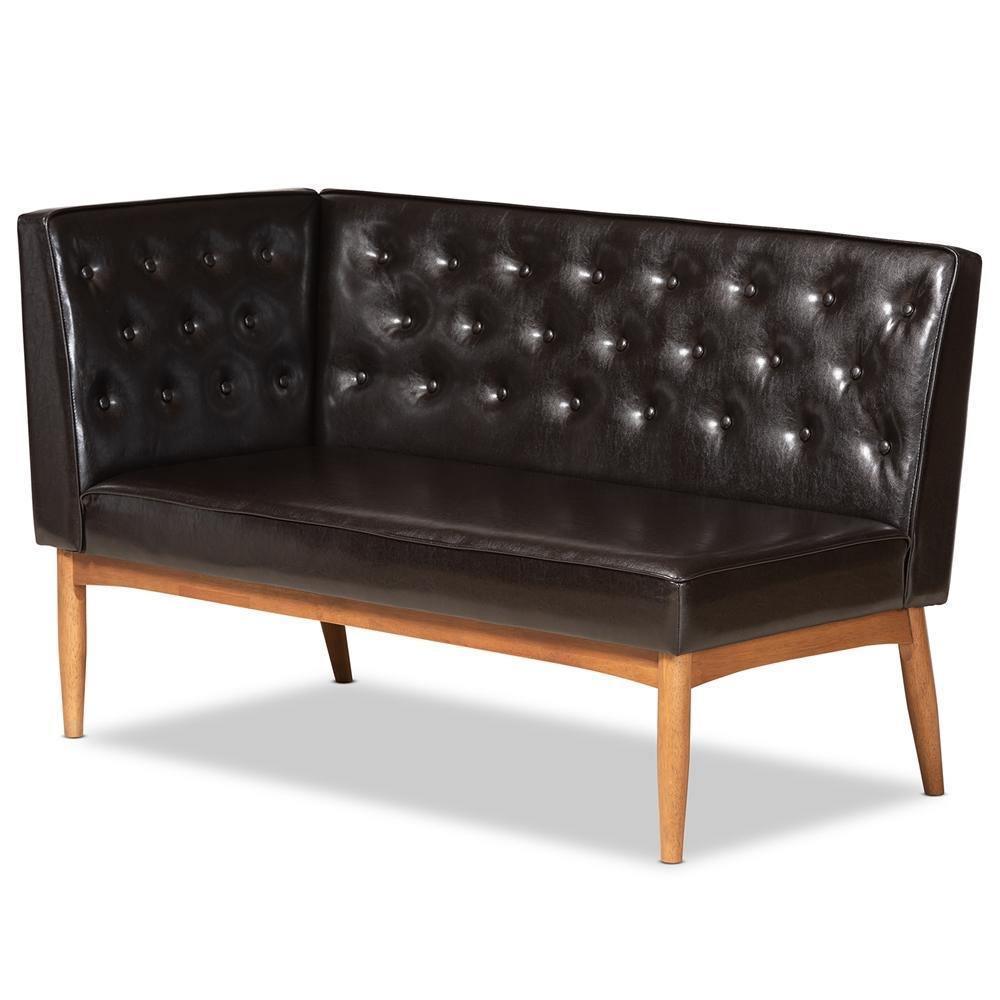 Riordan Mid-Century Modern Dark Brown Faux Leather Upholstered and Walnut Brown Finished Wood 3-Piece Dining Nook Set FredCo