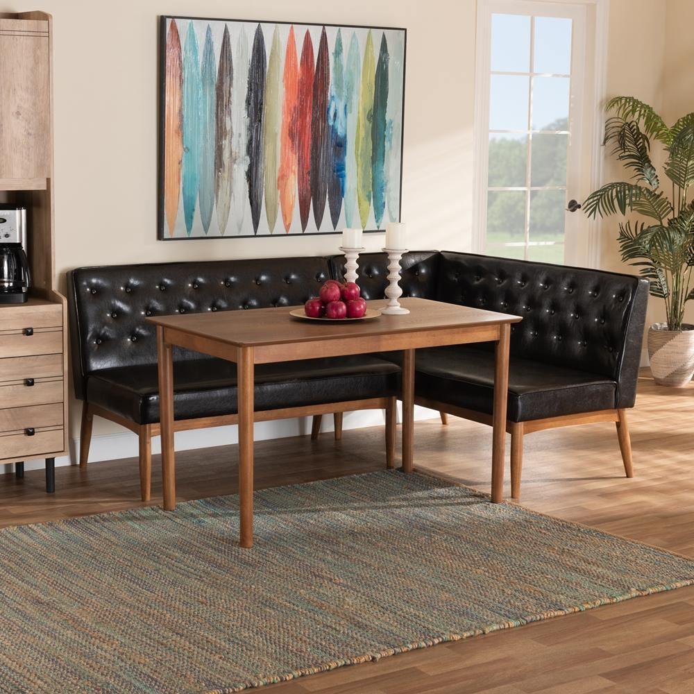 Riordan Mid-Century Modern Dark Brown Faux Leather Upholstered and Walnut Brown Finished Wood 3-Piece Dining Nook Set FredCo