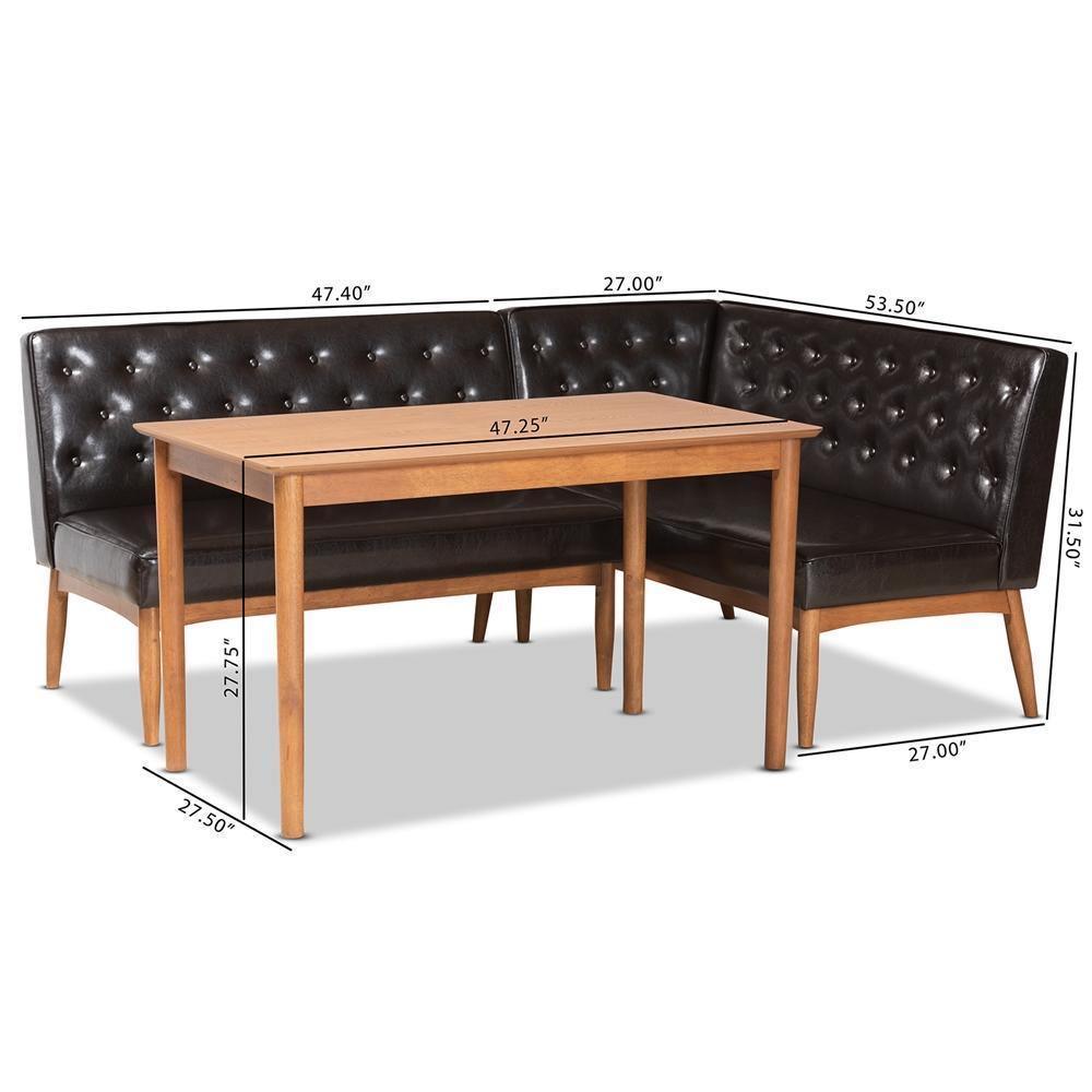 Riordan Mid-Century Modern Dark Brown Faux Leather Upholstered and Walnut Brown Finished Wood 3-Piece Dining Nook Set FredCo