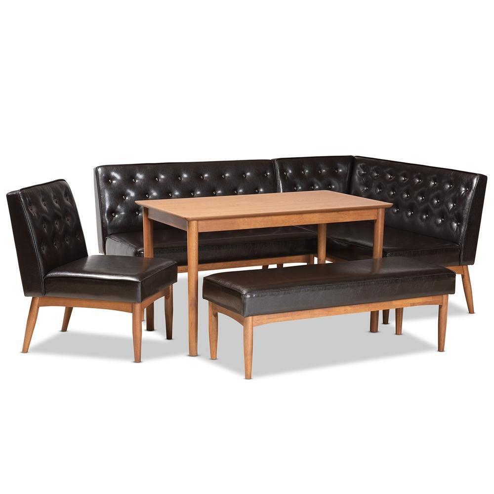 Riordan Mid-Century Modern Dark Brown Faux Leather Upholstered and Walnut Brown Finished Wood 5-Piece Dining Nook Set FredCo