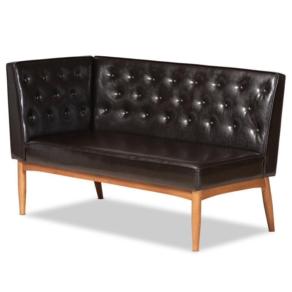 Riordan Mid-Century Modern Dark Brown Faux Leather Upholstered and Walnut Brown Finished Wood 5-Piece Dining Nook Set FredCo