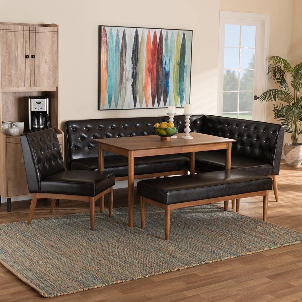 Riordan Mid-Century Modern Dark Brown Faux Leather Upholstered and Walnut Brown Finished Wood 5-Piece Dining Nook Set FredCo