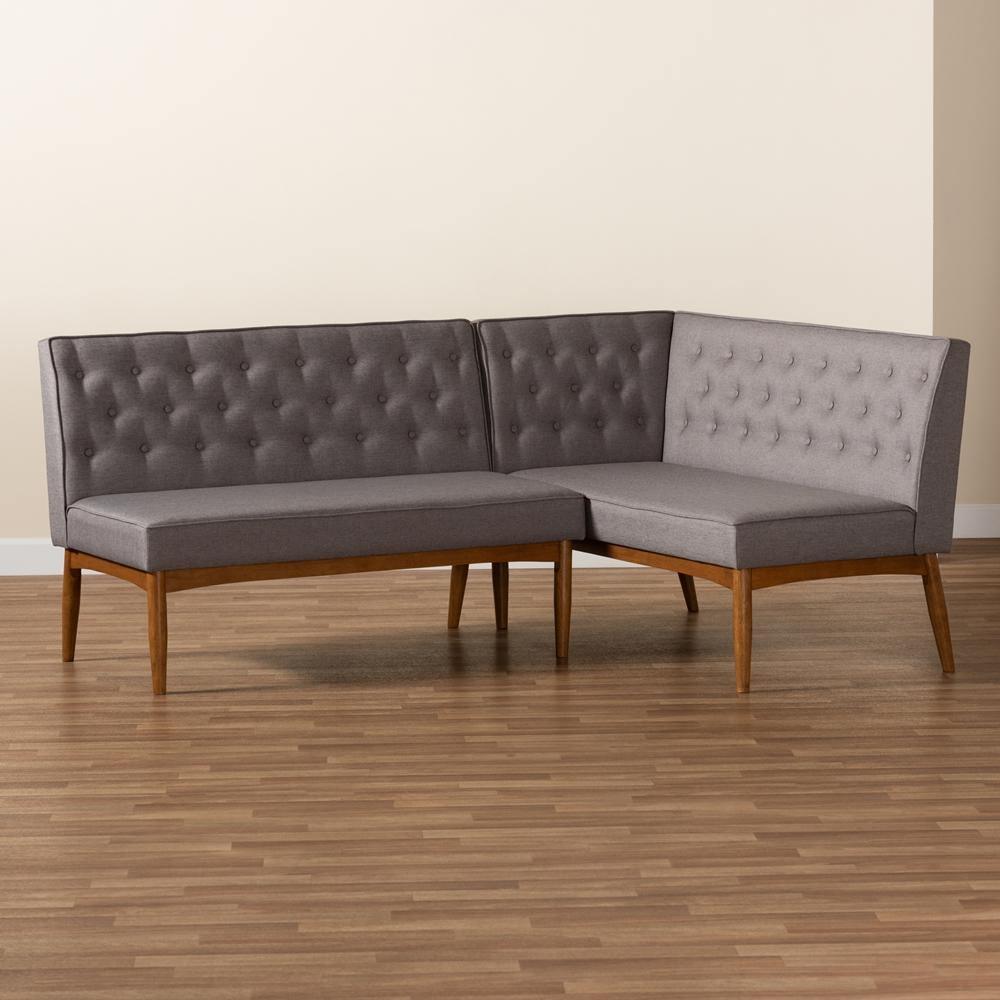 Riordan Mid-Century Modern Grey Fabric Upholstered and Walnut Brown Finished Wood 2-Piece Dining Nook Banquette Set FredCo