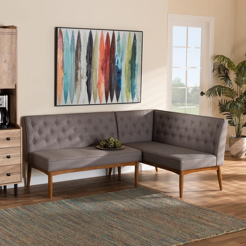 Riordan Mid-Century Modern Grey Fabric Upholstered and Walnut Brown Finished Wood 2-Piece Dining Nook Banquette Set FredCo