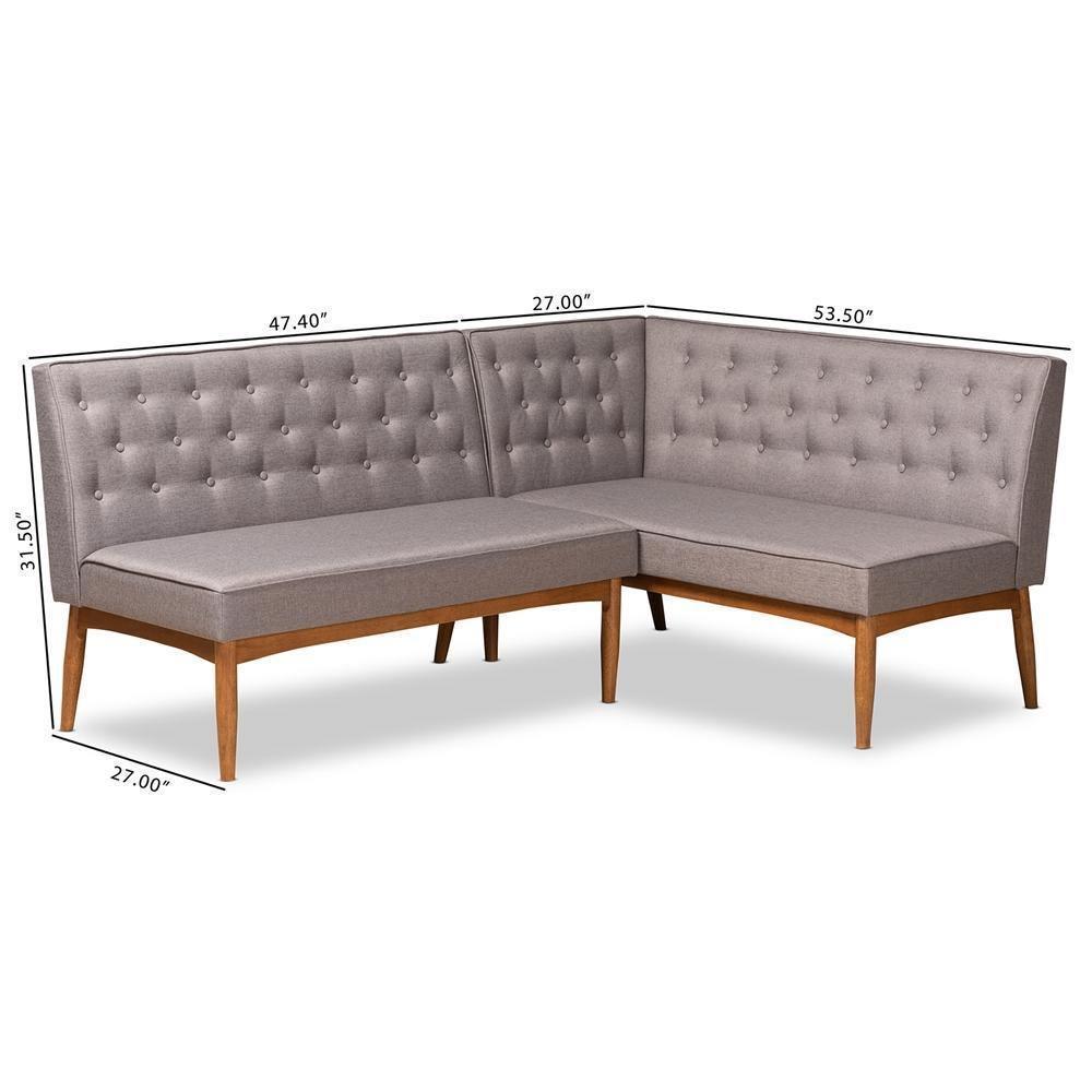 Riordan Mid-Century Modern Grey Fabric Upholstered and Walnut Brown Finished Wood 2-Piece Dining Nook Banquette Set FredCo