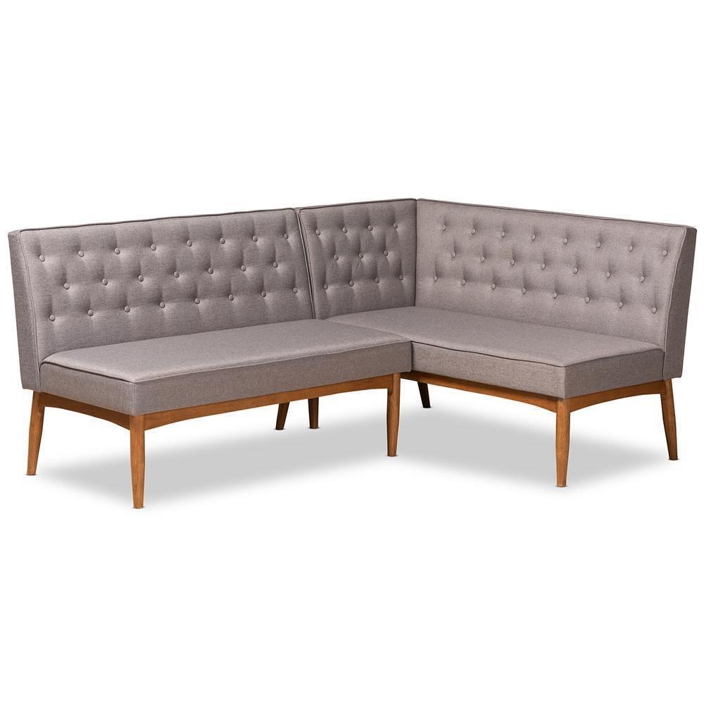 Riordan Mid-Century Modern Grey Fabric Upholstered and Walnut Brown Finished Wood 2-Piece Dining Nook Banquette Set FredCo