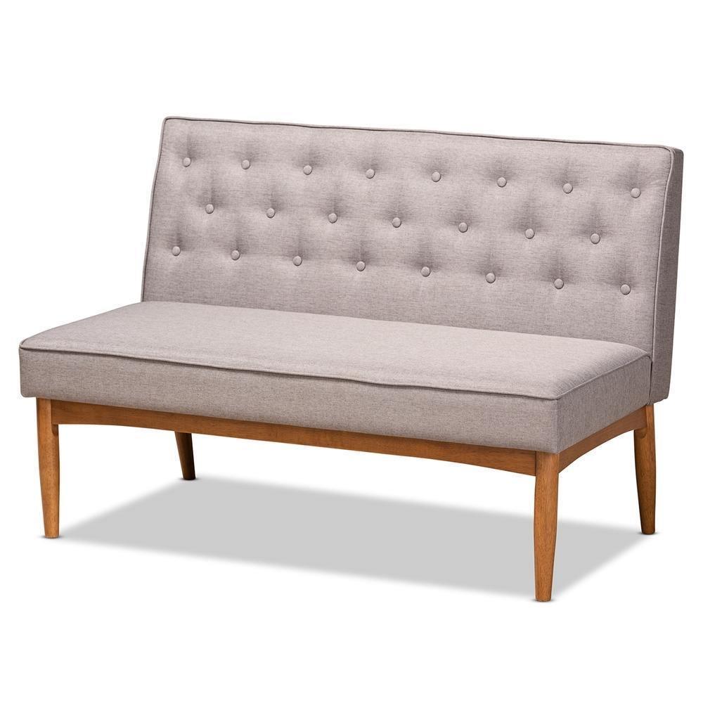 Riordan Mid-Century Modern Grey Fabric Upholstered and Walnut Brown Finished Wood 2-Piece Dining Nook Banquette Set FredCo