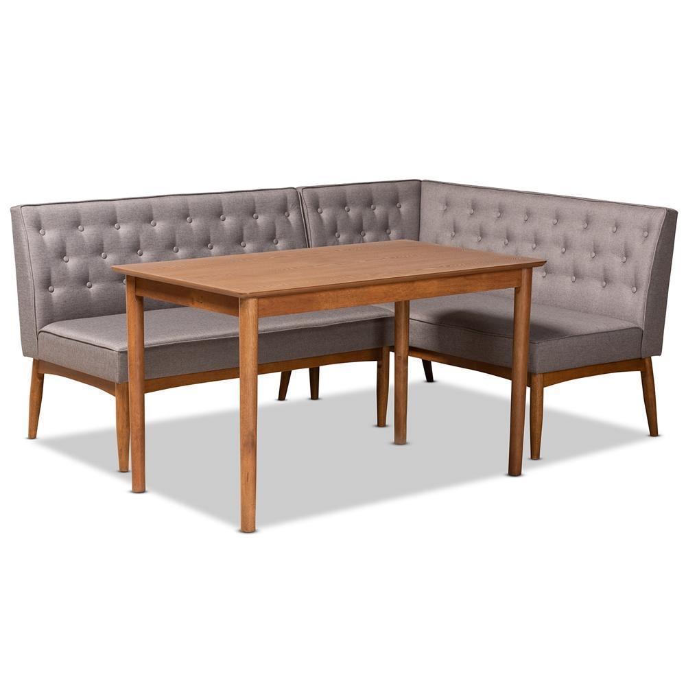 Riordan Mid-Century Modern Grey Fabric Upholstered and Walnut Brown Finished Wood 3-Piece Dining Nook Set FredCo