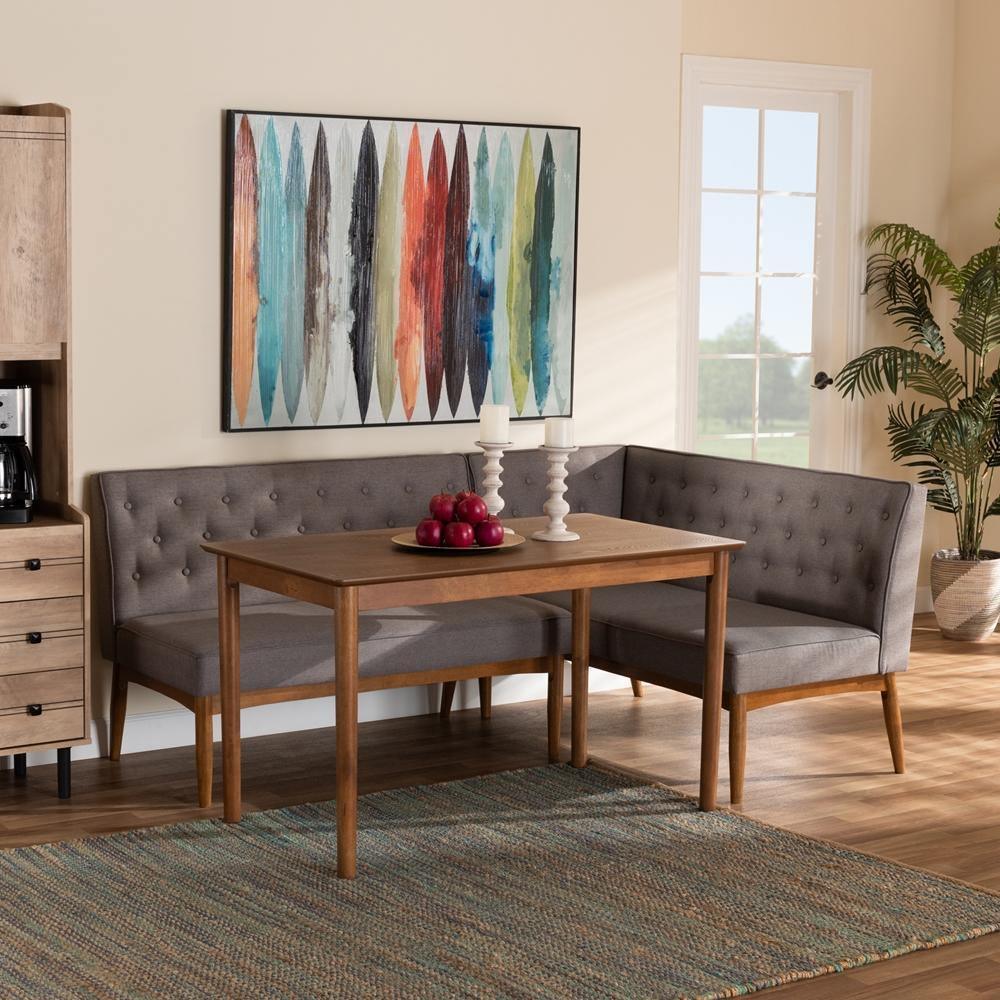 Riordan Mid-Century Modern Grey Fabric Upholstered and Walnut Brown Finished Wood 3-Piece Dining Nook Set FredCo