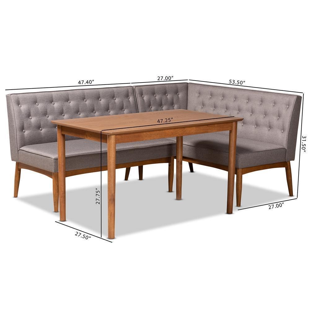 Riordan Mid-Century Modern Grey Fabric Upholstered and Walnut Brown Finished Wood 3-Piece Dining Nook Set FredCo