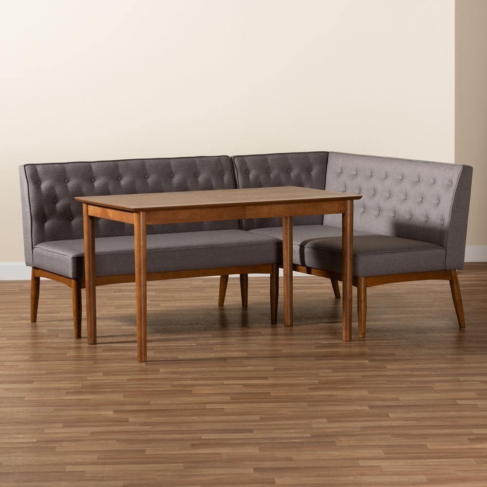 Riordan Mid-Century Modern Grey Fabric Upholstered and Walnut Brown Finished Wood 3-Piece Dining Nook Set FredCo