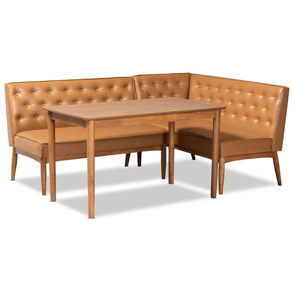 Riordan Mid-Century Modern Tan Faux Leather Upholstered and Walnut Brown Finished Wood 3-Piece Dining Nook Set FredCo