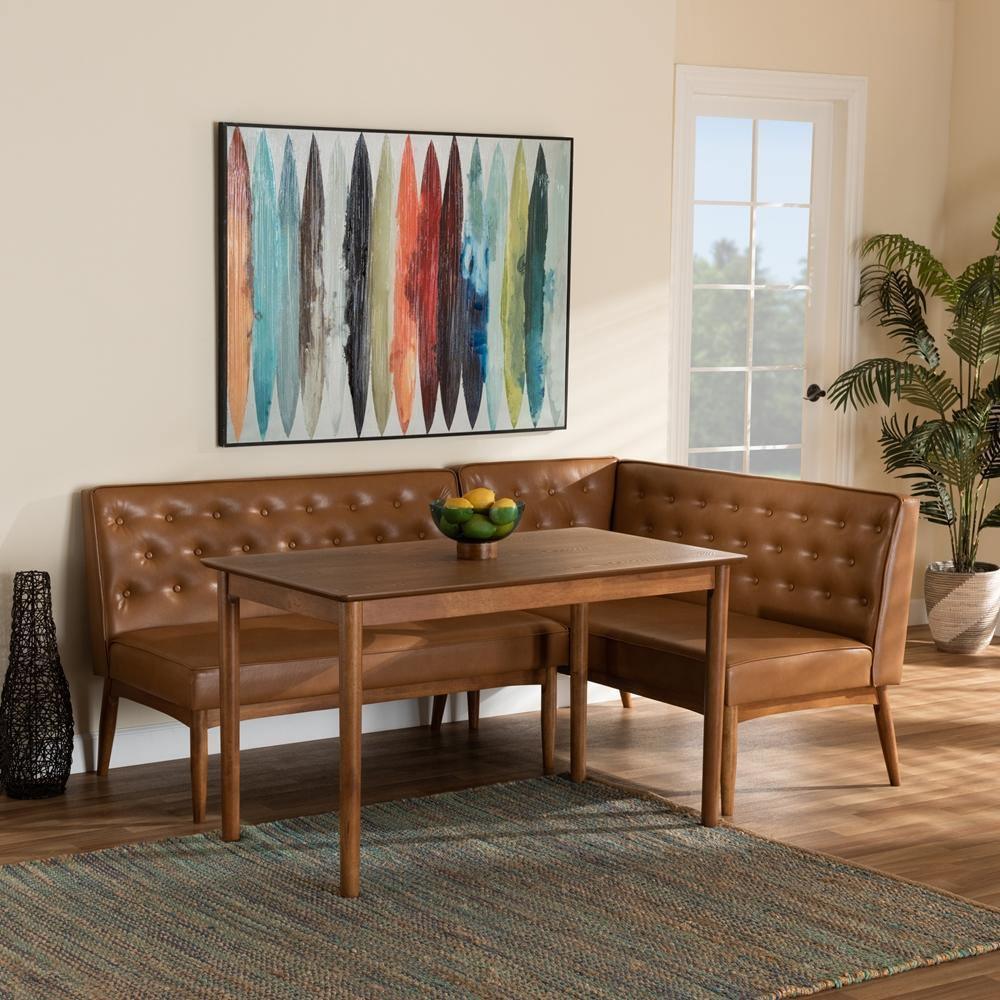 Riordan Mid-Century Modern Tan Faux Leather Upholstered and Walnut Brown Finished Wood 3-Piece Dining Nook Set FredCo