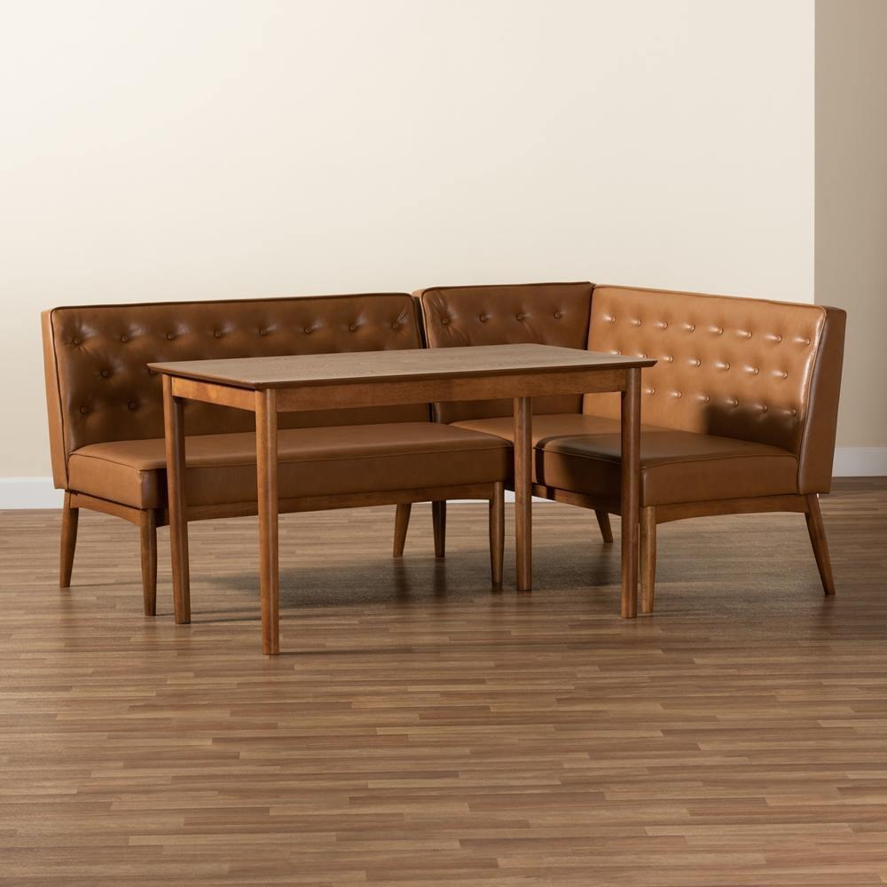 Riordan Mid-Century Modern Tan Faux Leather Upholstered and Walnut Brown Finished Wood 3-Piece Dining Nook Set FredCo