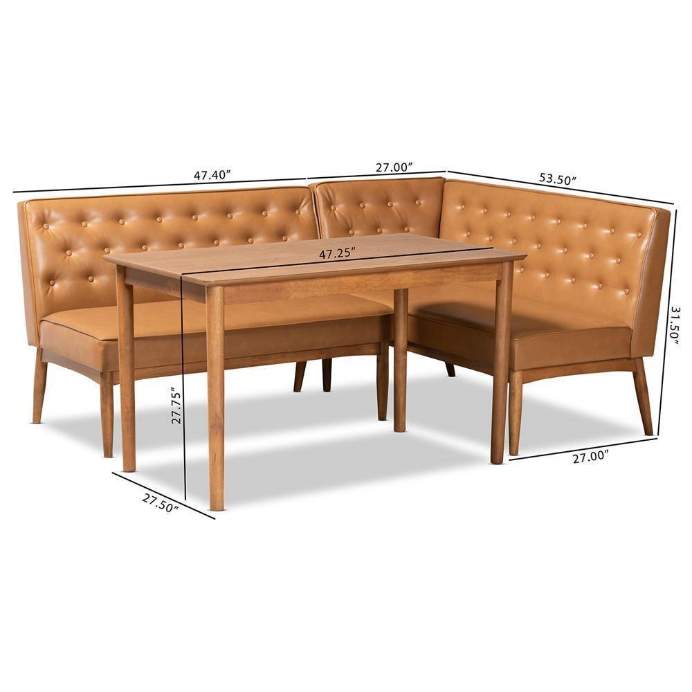 Riordan Mid-Century Modern Tan Faux Leather Upholstered and Walnut Brown Finished Wood 3-Piece Dining Nook Set FredCo