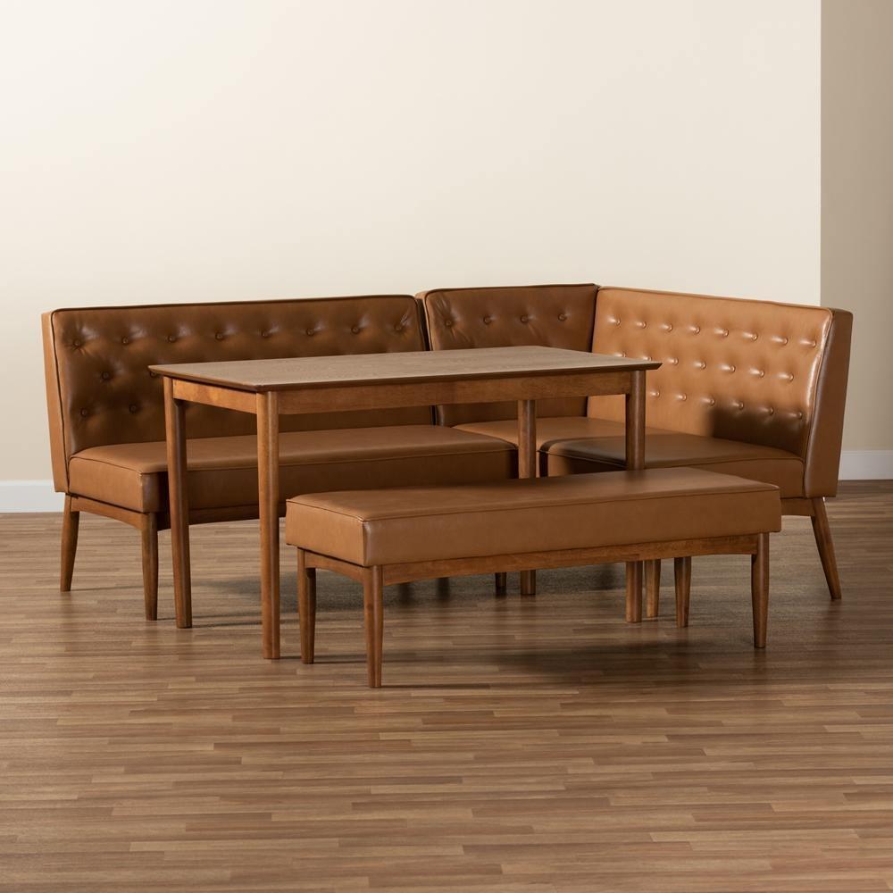 Riordan Mid-Century Modern Tan Faux Leather Upholstered and Walnut Brown Finished Wood 4-Piece Dining Nook Set FredCo