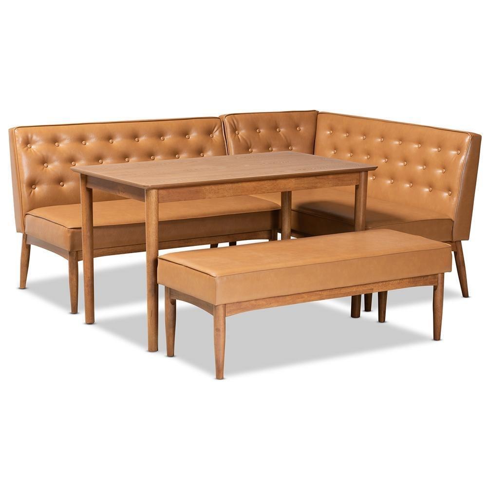 Riordan Mid-Century Modern Tan Faux Leather Upholstered and Walnut Brown Finished Wood 4-Piece Dining Nook Set FredCo