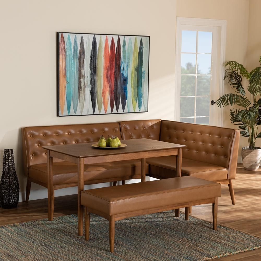 Riordan Mid-Century Modern Tan Faux Leather Upholstered and Walnut Brown Finished Wood 4-Piece Dining Nook Set FredCo