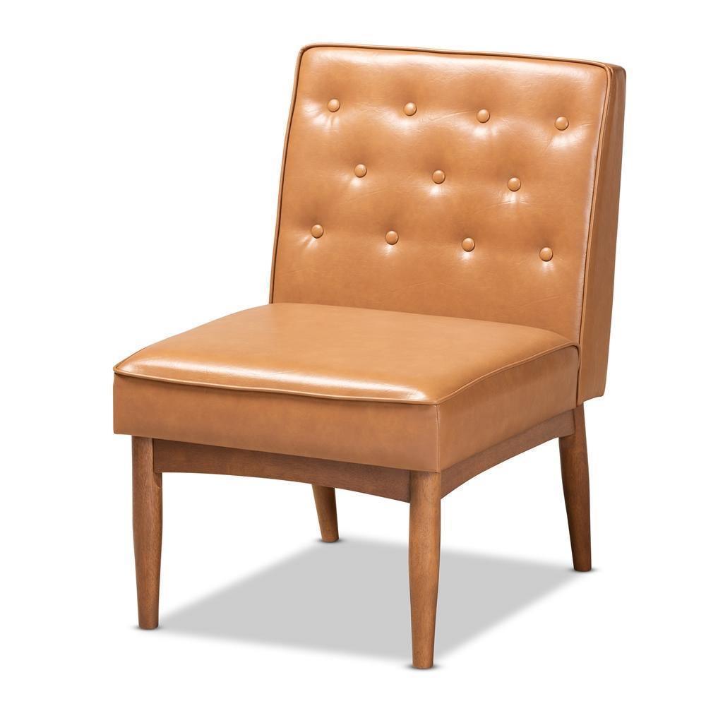Riordan Mid-Century Modern Tan Faux Leather Upholstered and Walnut Brown Finished Wood Dining Chair FredCo
